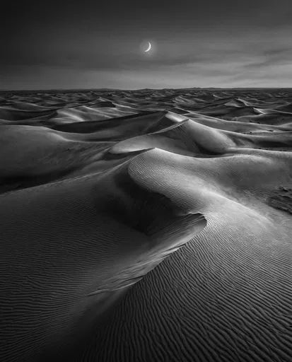 Monochrome Desert Dunes Under Crescent Moon