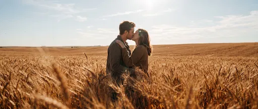 Couple Kissing in Golden Wheat Field