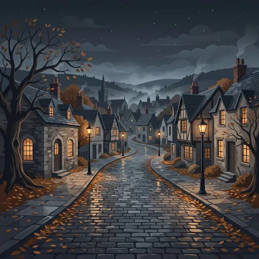 Quiet Autumn Village Street at Night