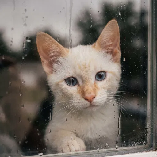 Flame Point Kitten Behind Rainy Window