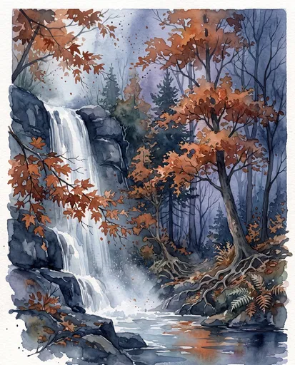 Watercolor Autumn Forest Waterfall at Twilight