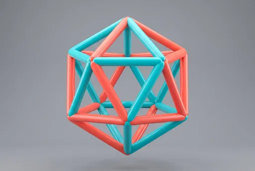 3D Coral and Turquoise Wireframe Polyhedron