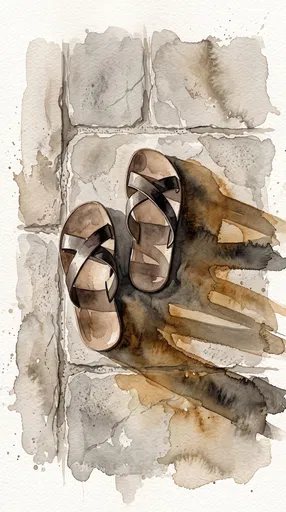 Watercolor Illustration of Leather Sandals on Stone