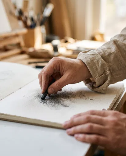 Artist Hand Sketching With Charcoal Stick