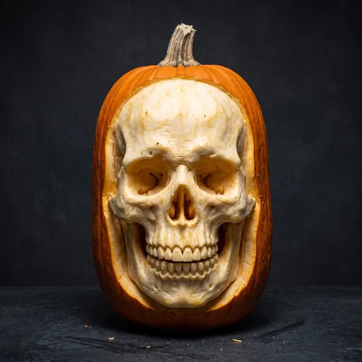 Anatomical Skull Sculpted Into Orange Pumpkin