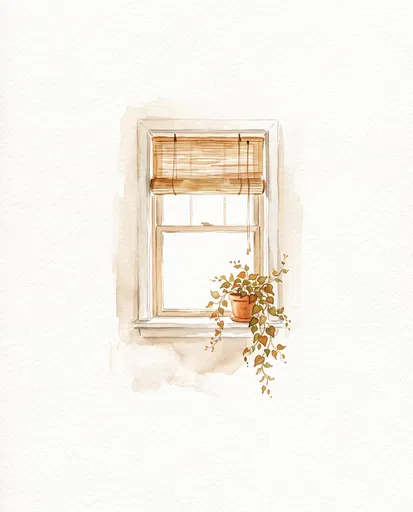 Watercolor Window with Bamboo Blind
