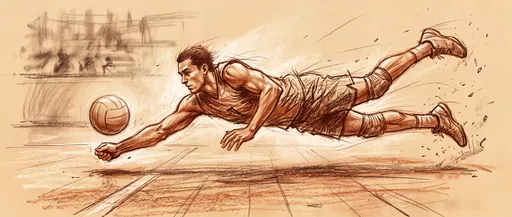 Sanguine Sketch of Diving Volleyball Player