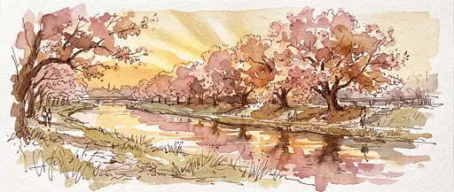 Watercolor Cherry Blossom Riverside Sketch