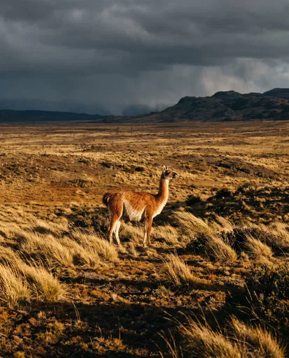 Lone Guanaco on Golden Steppe