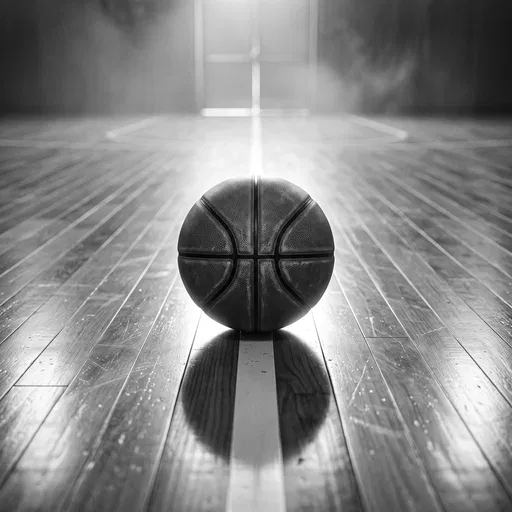 Monochrome Basketball Centered on Hardwood Court