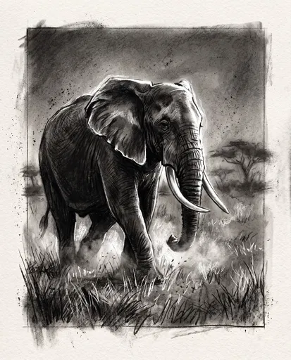 Charcoal Drawing of Walking African Elephant