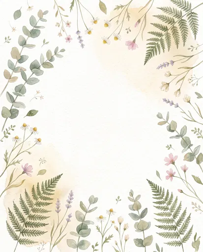 Watercolor Botanical Wildflower and Fern Border