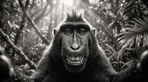 Monochrome Smiling Macaque Taking Jungle Selfie