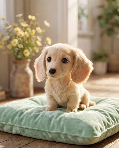 Cream Dachshund Puppy on Mint Cushion