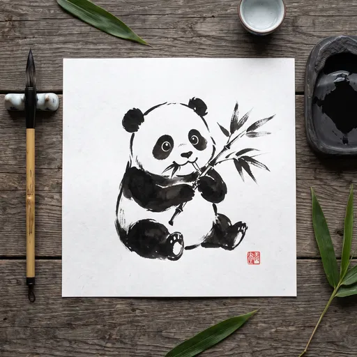 Ink Brush Drawing of Cute Panda