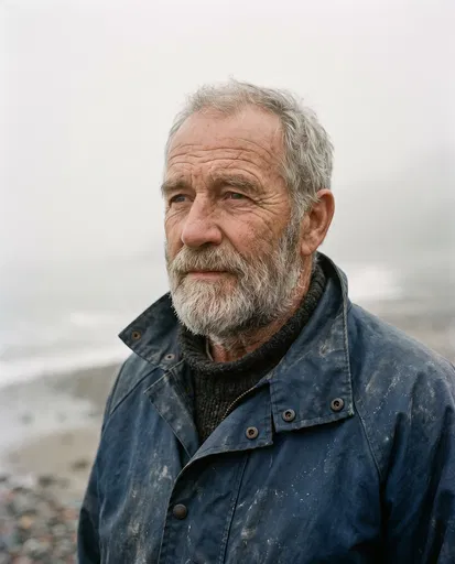 Weathered Fisherman on Foggy Coast