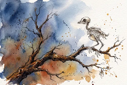 Watercolor Bird Skeleton on Autumn Branch