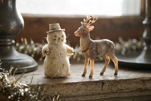 Antique Snowman and Reindeer on Wooden Mantel