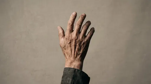 Elderly Hand Raised on Beige Background