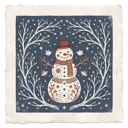 Folk Art Snowman Linocut Print