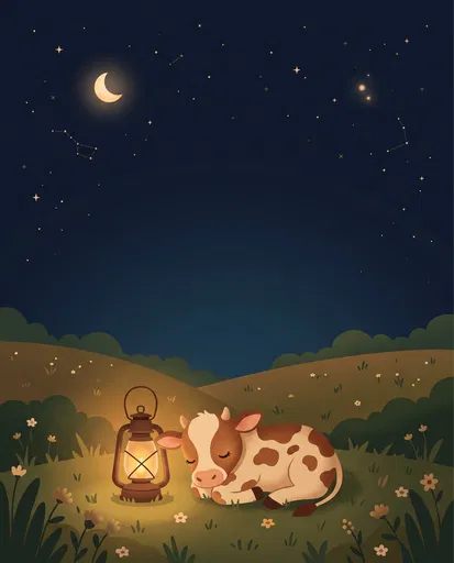 Sleeping Calf by Lantern at Night