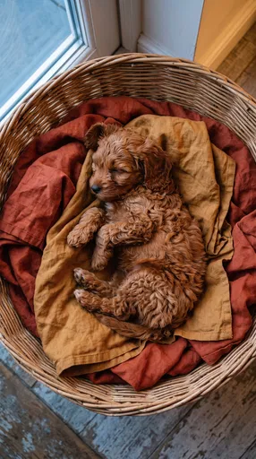 Red Cavapoo Puppy Sleeping in Basket