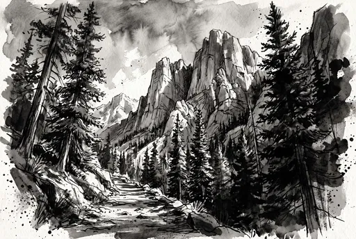 Monochrome Ink Wash Mountain Trail Illustration