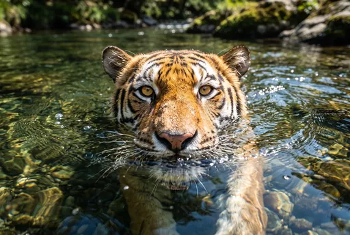 Tiger Swimming in Clear River