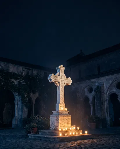 Candlelit Marble Cross in Night Courtyard