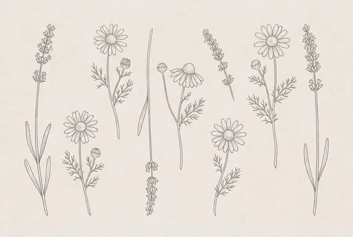 Botanical Line Drawings of Lavender and Chamomile