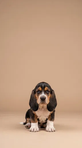 Tricolor Basset Hound Puppy Studio Portrait