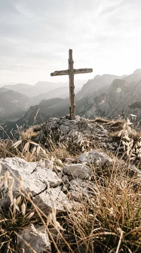 Weathered Wooden Cross on Mountain Peak