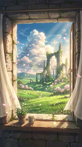 Anime Window View of Ancient Ruins
