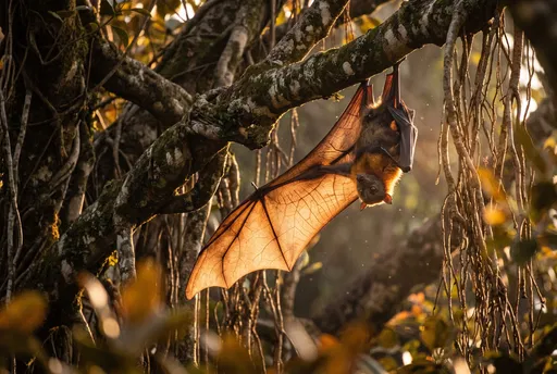 Flying Fox Hanging from Banyan Tree