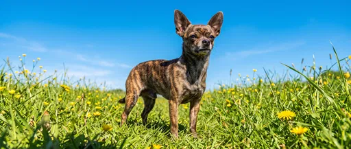 Brindle Chihuahua Standing in Sunny Meadow