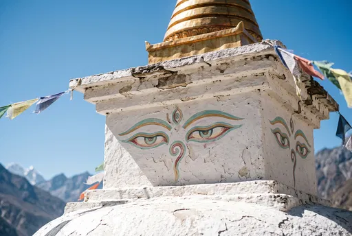 Buddhist Wisdom Eyes on Mountain Stupa