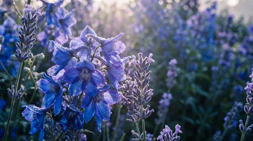 Dewy Blue Delphiniums and Lavender Close-Up