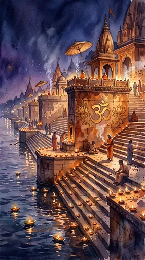 Watercolor Illustration of Illuminated River Ghat