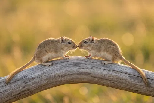 Two Gerbils Touching Noses on Log