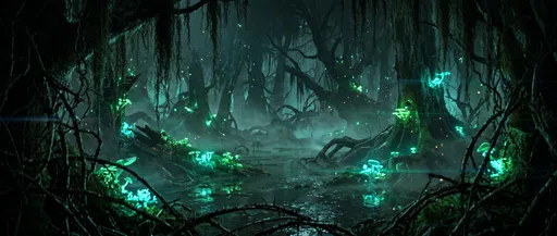 Bioluminescent Swamp in Dark Fantasy Forest