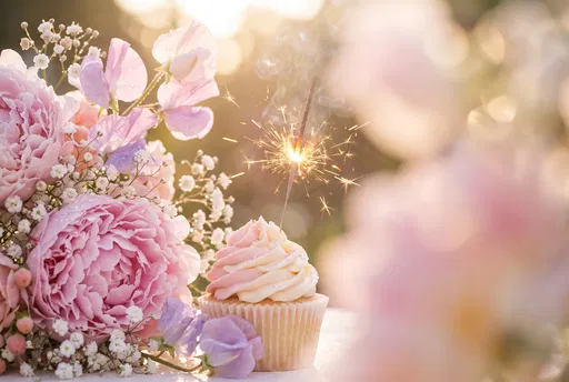 Pastel Cupcake With Sparkler and Peonies