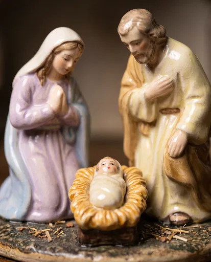 Glazed Ceramic Christmas Nativity Set Close-Up