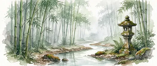 Watercolor Bamboo Grove and Stone Lantern