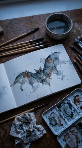 Watercolor Bat Painting on Artist Desk