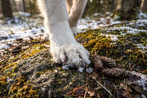 White Dog Paw on Mossy Forest Rock