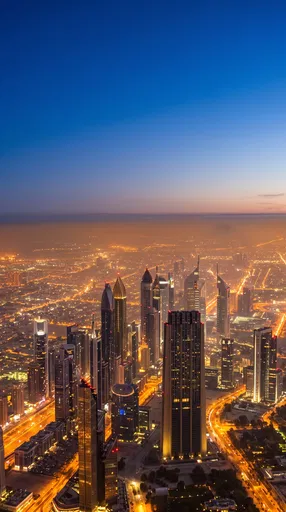 Twilight Aerial View of Illuminated Skyscrapers
