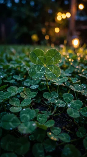 Four-Leaf Clover with Dew at Twilight