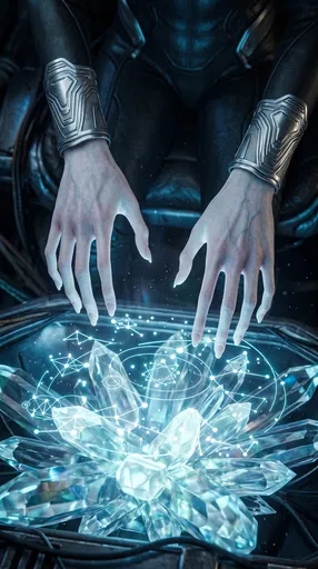 Pale Hands Over Glowing Crystal Console