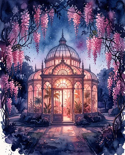 Watercolor Victorian Conservatory with Pink Wisteria
