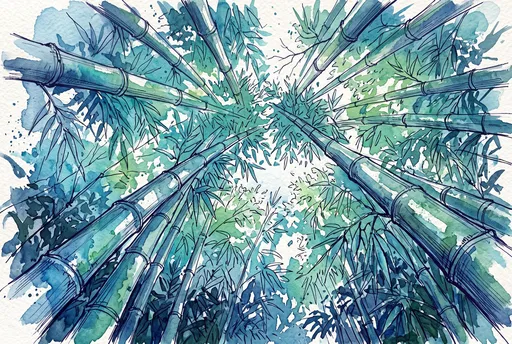 Low-Angle Bamboo Forest Watercolor Illustration